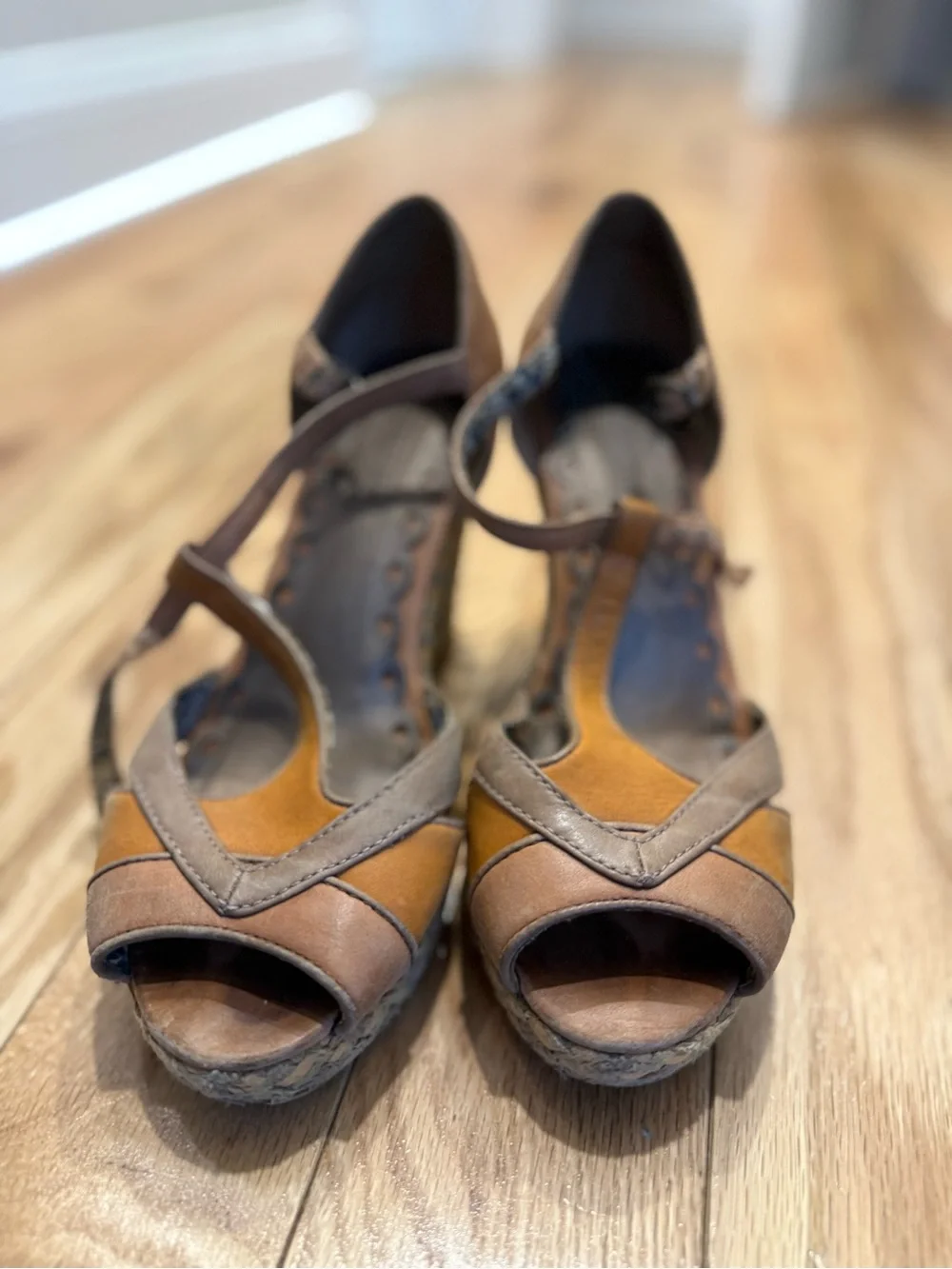 Seychelles Two-Tone Brown and Tan Peep-Toe Wedge Sandals